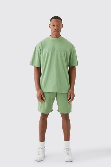 Sage Green Man Oversized Extended Neck T-shirt And Cargo Short Set