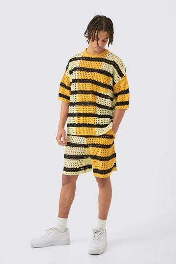 Oversized Open Stitch T-shirt Short Knitted Set mustard