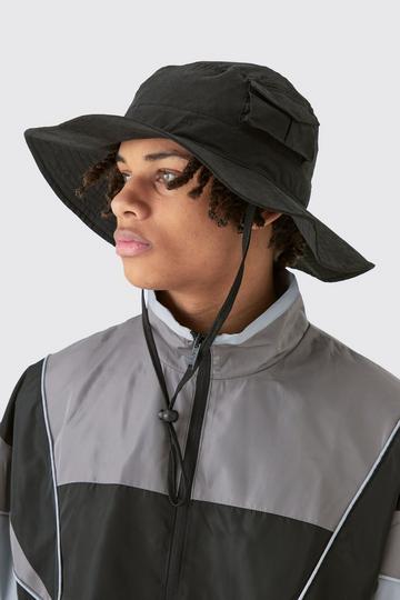 Black Wide Brim Fisherman Hat In Black
