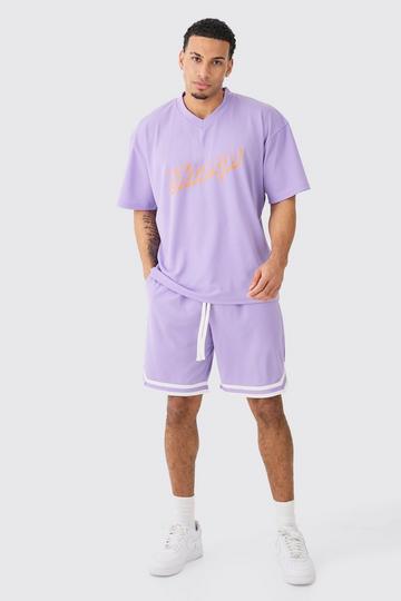 Oversized Mesh Varsity Top And Basketball Shorts Set purple