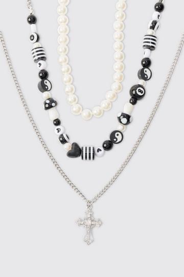 Silver 3 Pack Beaded Necklace With Cross Pendant In Silver