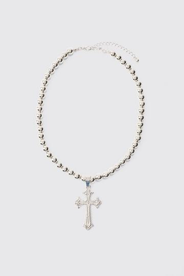 Silver Beaded Cross Necklace In Silver