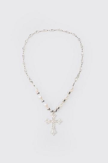 Silver Pearl Cross Necklace In Silver