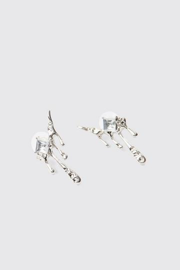 Silver Pair Of Drip Metal Iced Earrings In Silver