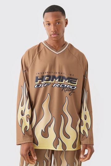 Homme Flame V Neck Mesh Long Sleeve T-shirt chocolate