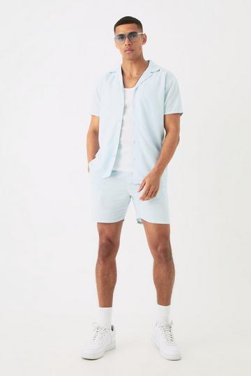 Short Sleeve Linen Shirt & Short Set blue