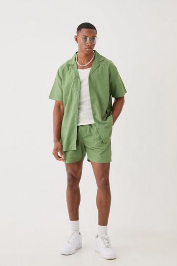 Short Sleeve Oversized Linen Shirt & Short Set olive