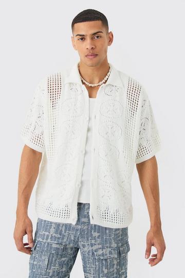 Oversized Boxy Open Stitch Detail Knitted Shirt In White white