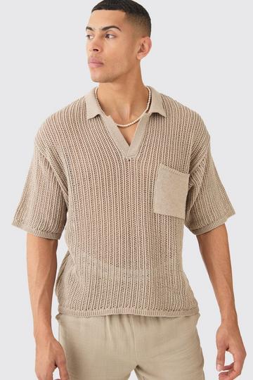 Oversized Boxy Open Stitch Polo With Pocket In Taupe taupe