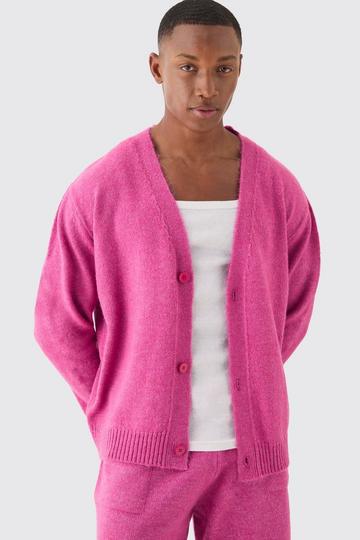 Pink Boxy Brushed Knit Cardigan In Dark Pink