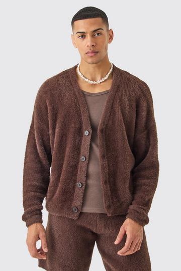 Brown Fluffy Knit Cardigan In Brown