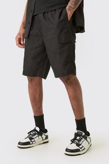 Tall Elasticated Waist Relaxed Linen Cargo Shorts In Black black