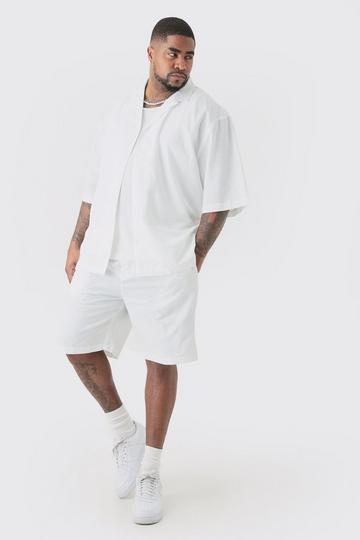 Plus Linen Drop Revere Shirt & Short Set In White white