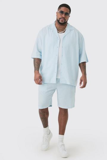 Plus Drop Revere Linen Shirt & Short Set In Light Blue light blue