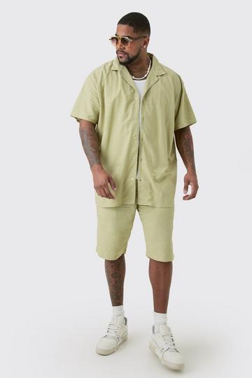 Green Plus Oversized Linen Revere Shirt & Short Set In Sage