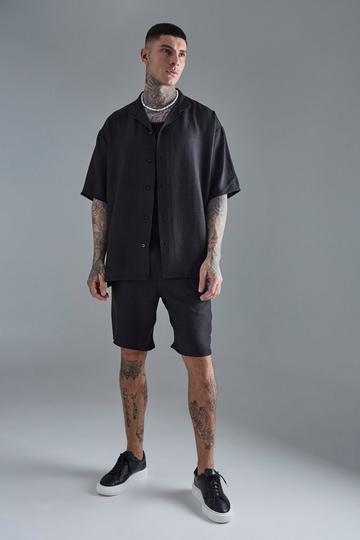 Black Tall Short Sleeve Oversized Linen Shirt & Short Set In Black