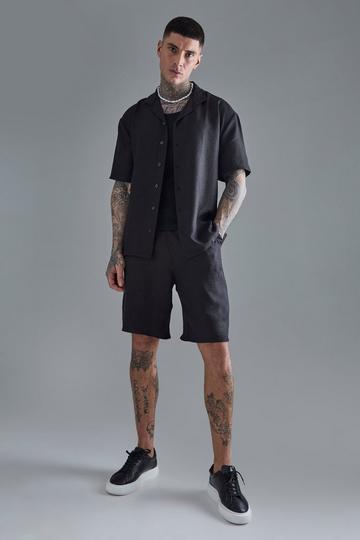 Black Tall Short Sleeve Drop Revere Linen Shirt & Short Set In Black