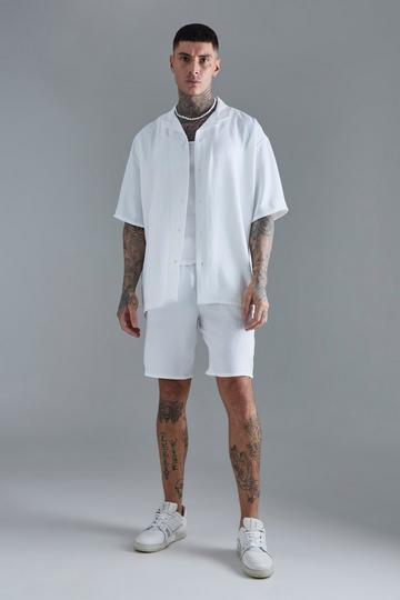 Tall Short Sleeve Oversized Linen Shirt & Short Set In White white