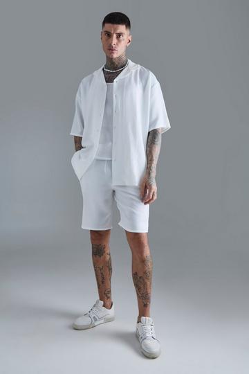 Tall Short Sleeve Drop Revere Linen Shirt & Short Set In White white