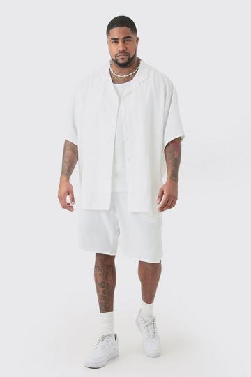 White Plus Short Sleeve Oversized Linen Shirt & Short Set In White