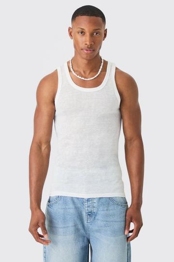 White Sheer Knitted Slub Muscle Fit Vest