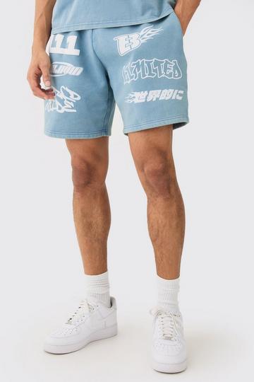 Blue Relaxed Moto Puff Print Washed Shorts