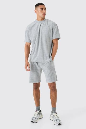 Grey Oversized Extended Neck Towelling T-shirt & Short Set