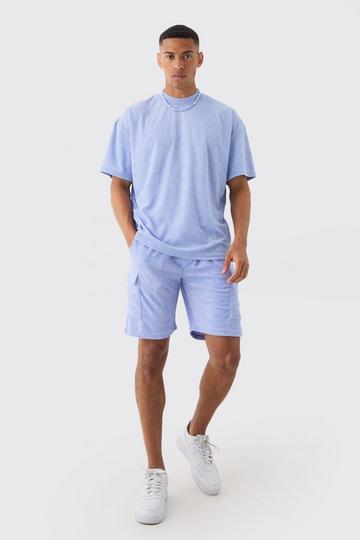 Blue Oversized Extended Neck Towelling T-shirt & Cargo Shorts Set
