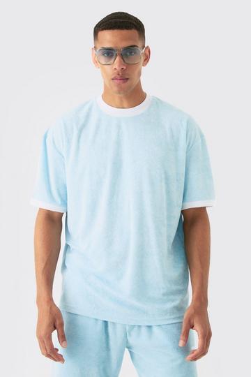 Blue Oversized Extended Neck Contrast Towelling T-shirt