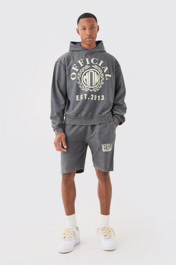 Oversized Boxy Reverse Loopback Printed Hoodie Short Tracksuit charcoal