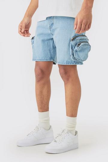 Blue Slim Fit 3d Cargo Pocket Denim Shorts In Light Blue