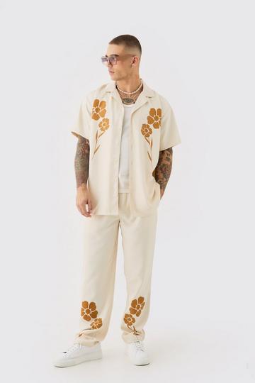 Soft Twill Oversized Tonal Flower Shirt & Trouser Set ecru