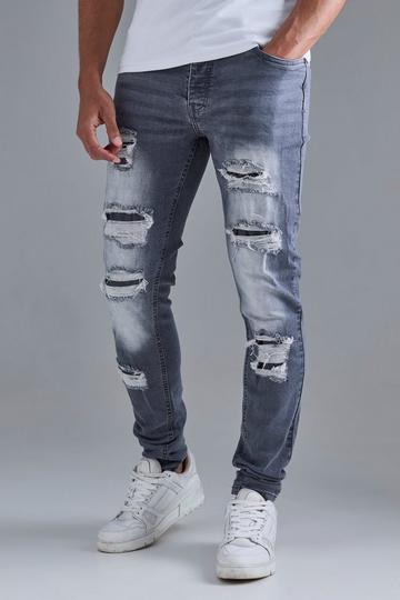 Skinny Stacked Distressed Ripped Jeans In Grey grey