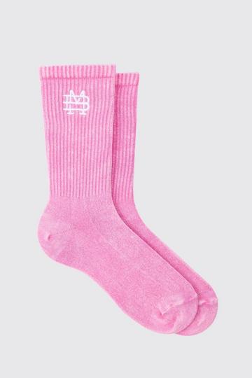 Pink Acid Wash BM Embroidered Socks In Pink
