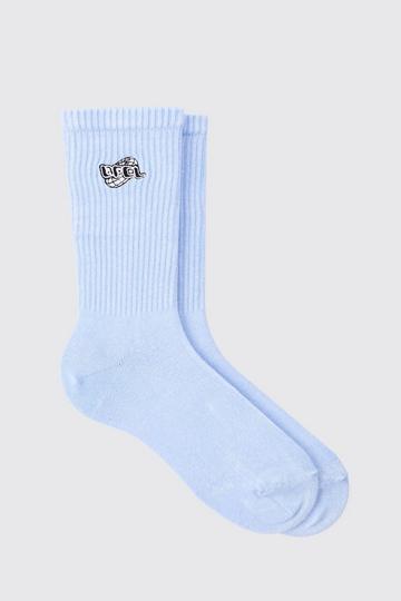 Blue Acid Wash OFCL Embroidered Socks In Light Blue