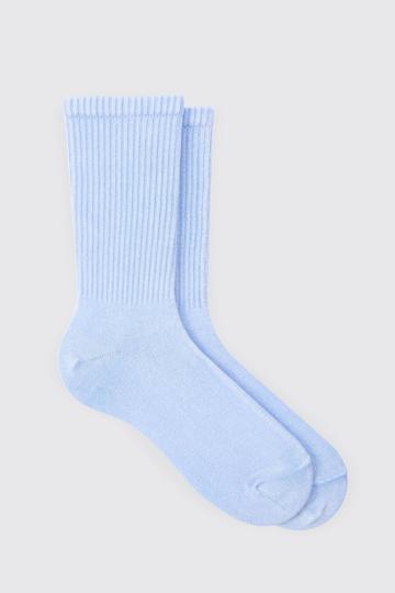 Blue Acid Wash Plain Ribbed Sports Socks In Light Blue