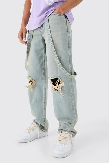 Baggy Rigid Strap Detail Ripped Knee Jeans In Antique Blue antique blue