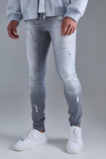 Grey Skinny Stretch Stacked Ripped Carpenter Zip Hem Jeans In Grey