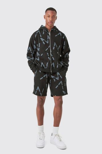 Oversized Boxy Man All Over Print Zip Hoodie Short Tracksuit black