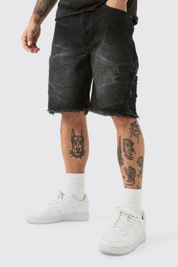 Black Relaxed Rigid Extreme Side Ripped Denim Short In Washed Black