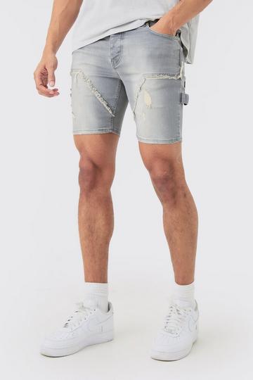 Skinny Stretch Ripped Carpenter Denim Shorts In Antique Grey grey