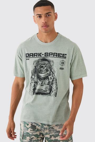 Oversized Washed Skeleton Astronaut Graphic T-shirt khaki