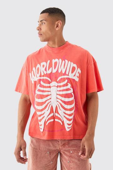 Oversized Boxy Fit Washed Extended Neck Rib Cage Print T-shirt red