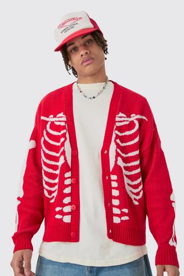Red Boxy Oversized Skeleton Jacquard Cardigan
