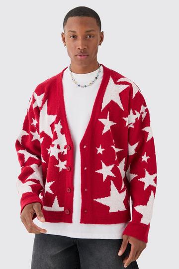 Red Boxy Oversized Brushed Star All Over Jacquard Cardigan