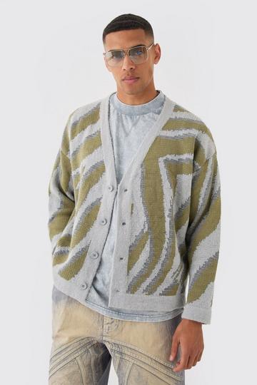 Boxy Oversized Brushed Abstract All Over Jacquard Cardigan light grey