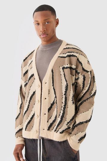 Stone Beige Boxy Oversized Brushed Abstract All Over Jacquard Cardigan