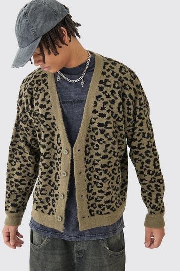 Boxy Oversized Brushed Leopard All Over Cardigan khaki