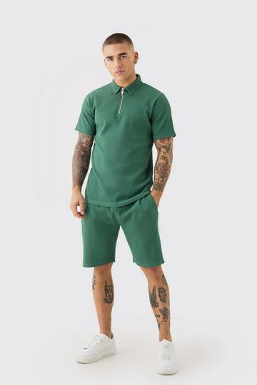 Slim Fit Waffle Polo & Short Set forest