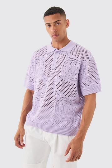 Oversized Boxy Open Stitch All Over Textured Polo In Lilac lilac
